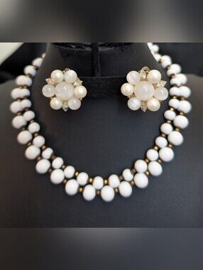 #42. Miriam Haskell Classic 40s Milk Glass Necklace & Lisner Moonglow Earrings